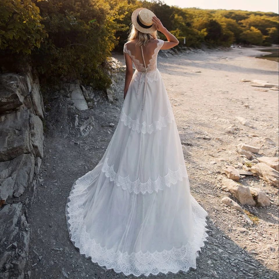 Vestido de novia Bohemio en corte A con cinturón