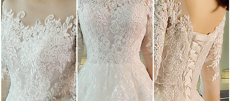 Elegante vestido de novia bordado de encaje, manga tres cuartos