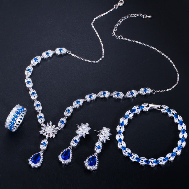 Set de joyería para novia de 4 piezas en zirconias azules y verdes