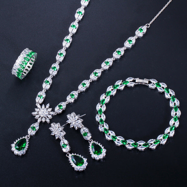 Set de joyería para novia de 4 piezas en zirconias azules y verdes