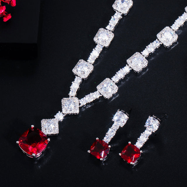 Set de joyería para novias de zirconias rojas y blancas