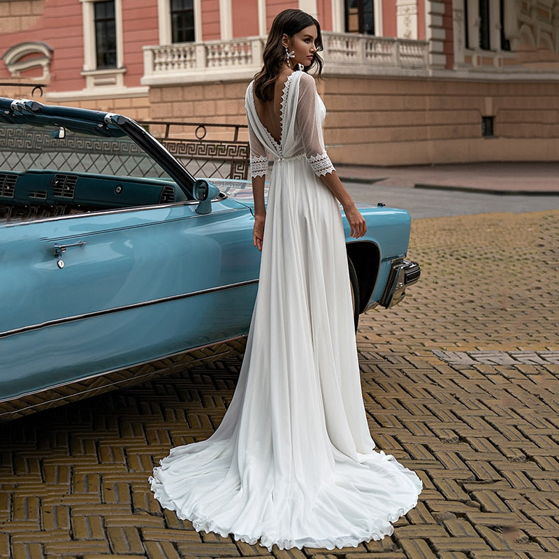 Vestido de novia de gasa con abertura, boho a la moda