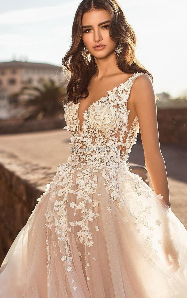 Vestido de novia con aplicaciones florales 3D, sin mangas y cuello v