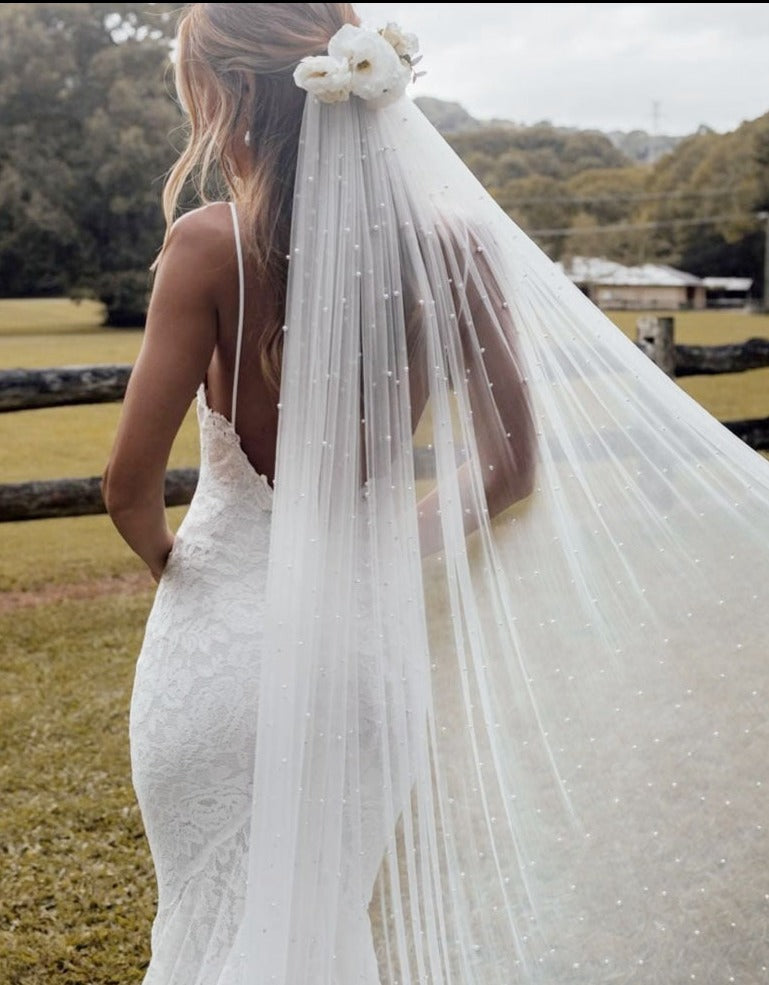 Hermoso velo para novia con aplicaciones de perlas