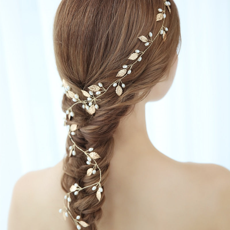 Guía para el cabello para novia de hojas doradas y pequeñas perlas, flexible, estilo Boho