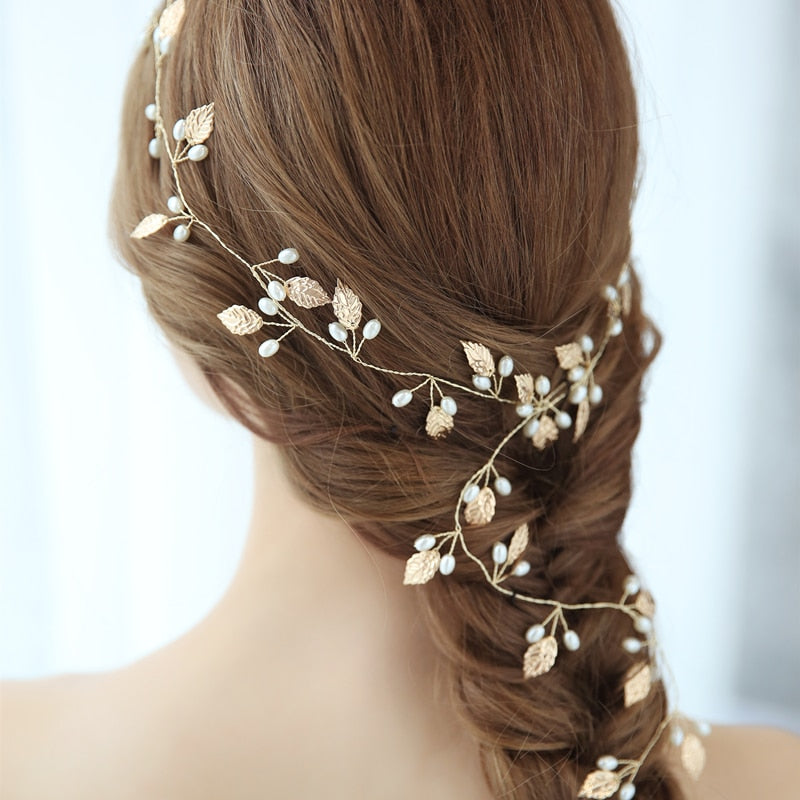 Guía para el cabello para novia de hojas doradas y pequeñas perlas, flexible, estilo Boho