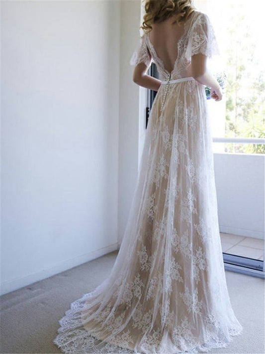 Vestido de novia cuello v Bohemio con manga corta en encaje