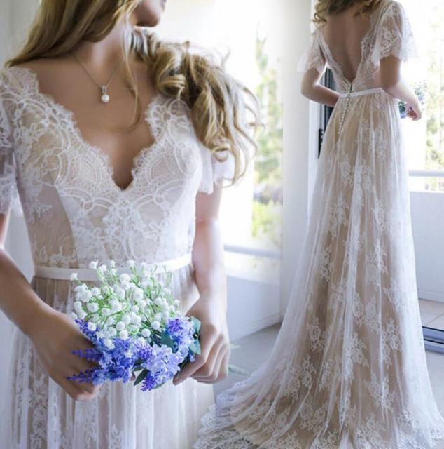 Vestido de novia cuello v Bohemio con manga corta en encaje